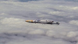 A new GBU-75 Joint Direct Attack Munition (JDAM) Long Range (LR) variant in the weapon’s first flight tests after being released from a Navy F/A-18E Super Hornet, April 2026. (Photo: U.S. Navy)
