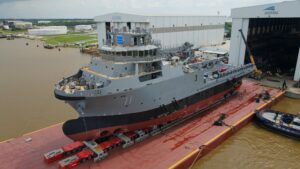 The future USNS Billy Frank Jr. (T-ATS 11) Navajo-class Towing, Salvage and Rescue Ship ship before it was launched into the water in June 2025. (Photo: Austal USA)