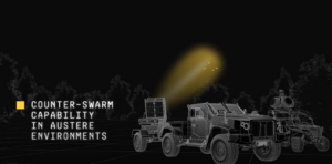 Concept art of an Epirus Expeditionary Directed Energy Counter-Swarm (ExDECS) high-power microwave weapon in action against a swarm of four Unmanned Aerial Vehicles. (Image: Epirus, still from announcement video)